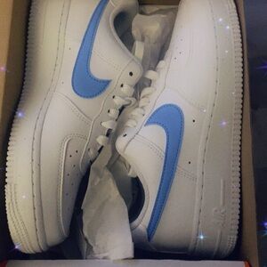 Air Force 1 White Sneakers with Blue Swoosh